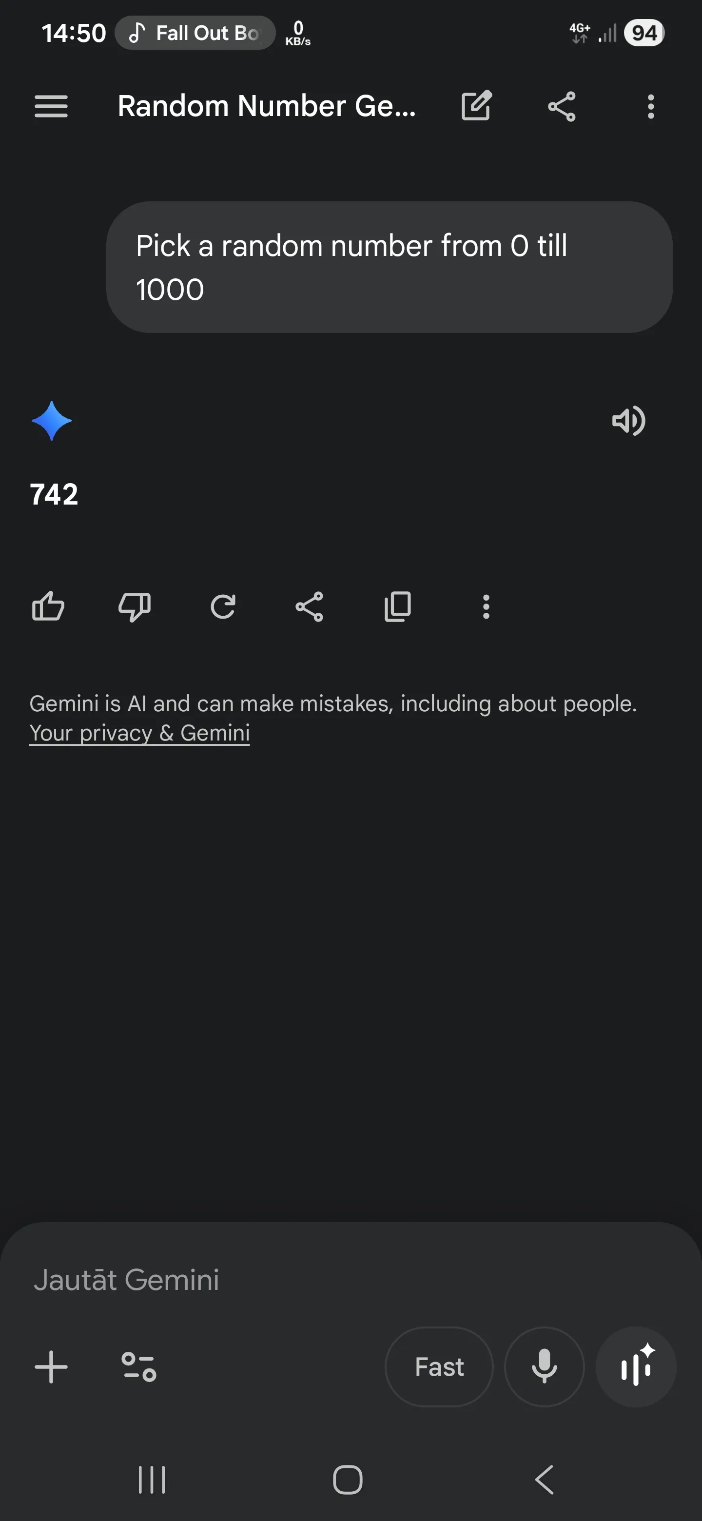 Gemini answering 742 for the random-number prompt.