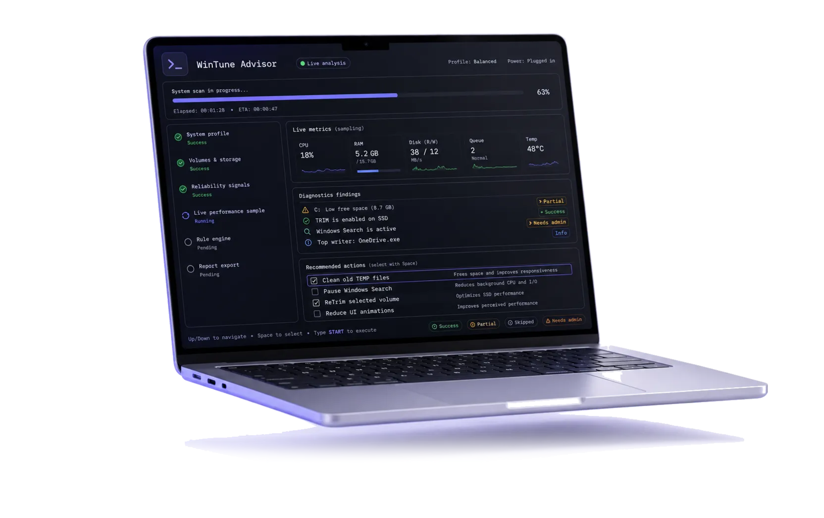 WinTune Advisor running on a laptop